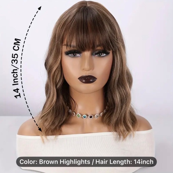 14-Inch Brown Bob Wig with Bangs - Heat-Resistant Synthetic Curly Wave - Picture 2 of 2